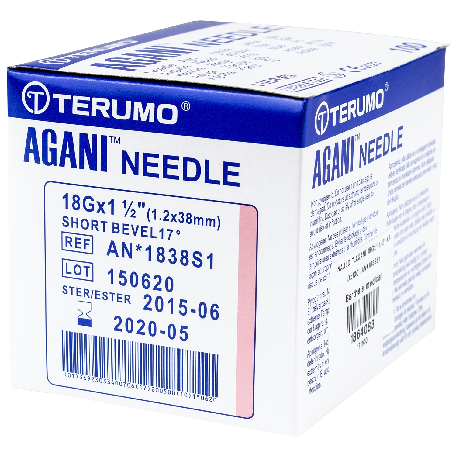 Terumo Agani naald - 18 G x 38 mm - roze (100 st)