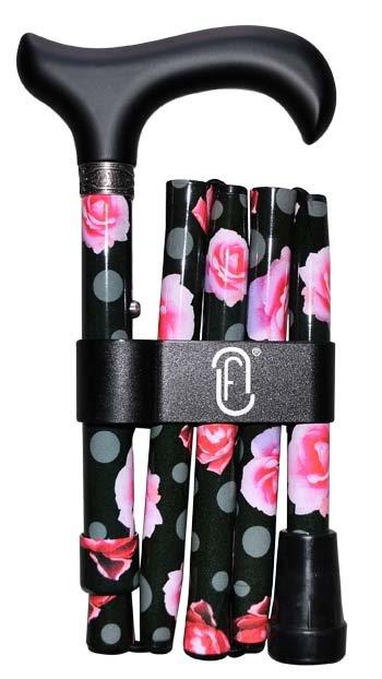 Finna wandelstok plooi- en verstelbaar, zwart houten handvat zwart met rozen, aluminium -- FN-41260